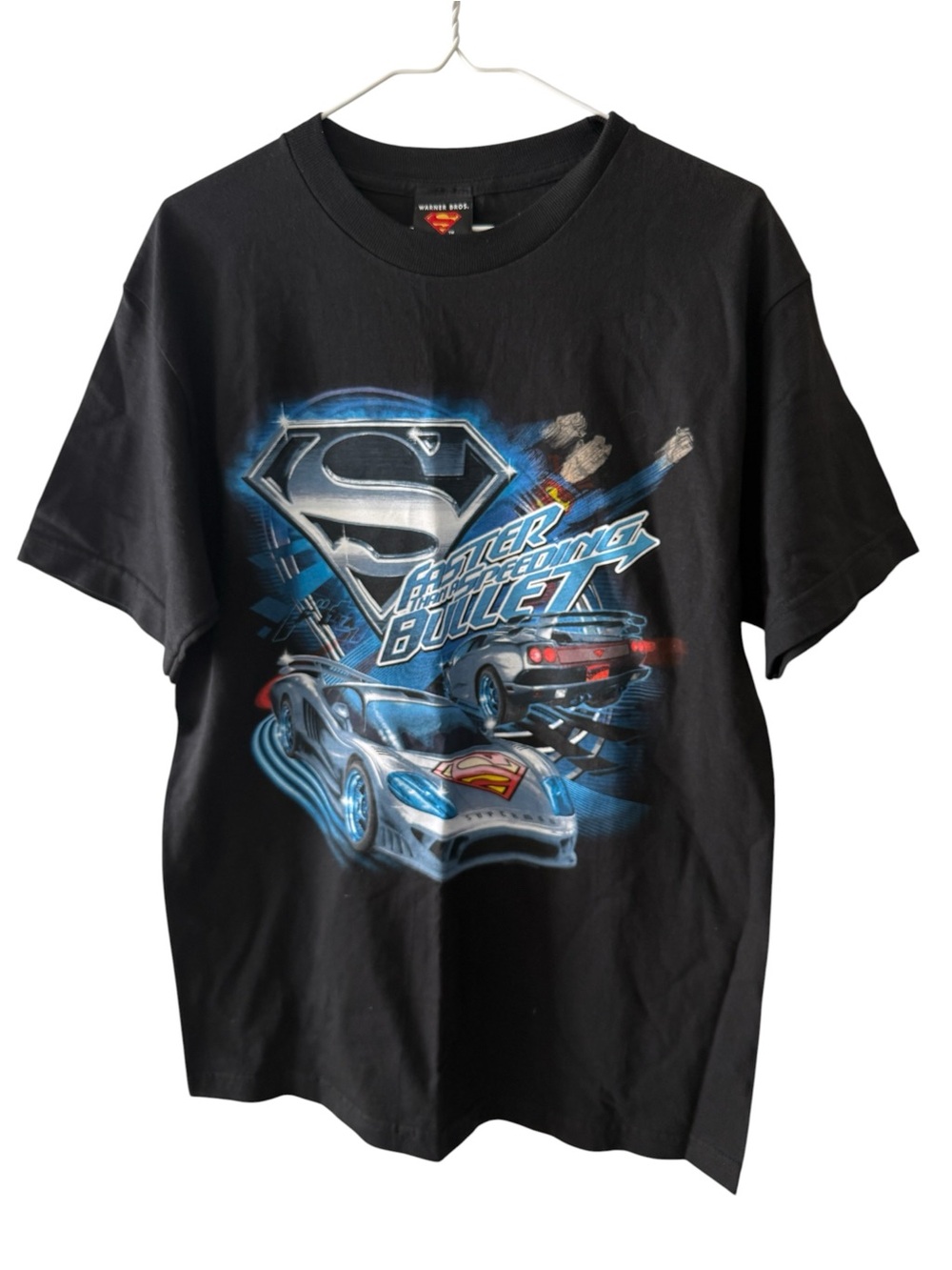 Vintage 2004 Superman Racing Car T Shirt Mens Medium Black Warner Bros DC Comics